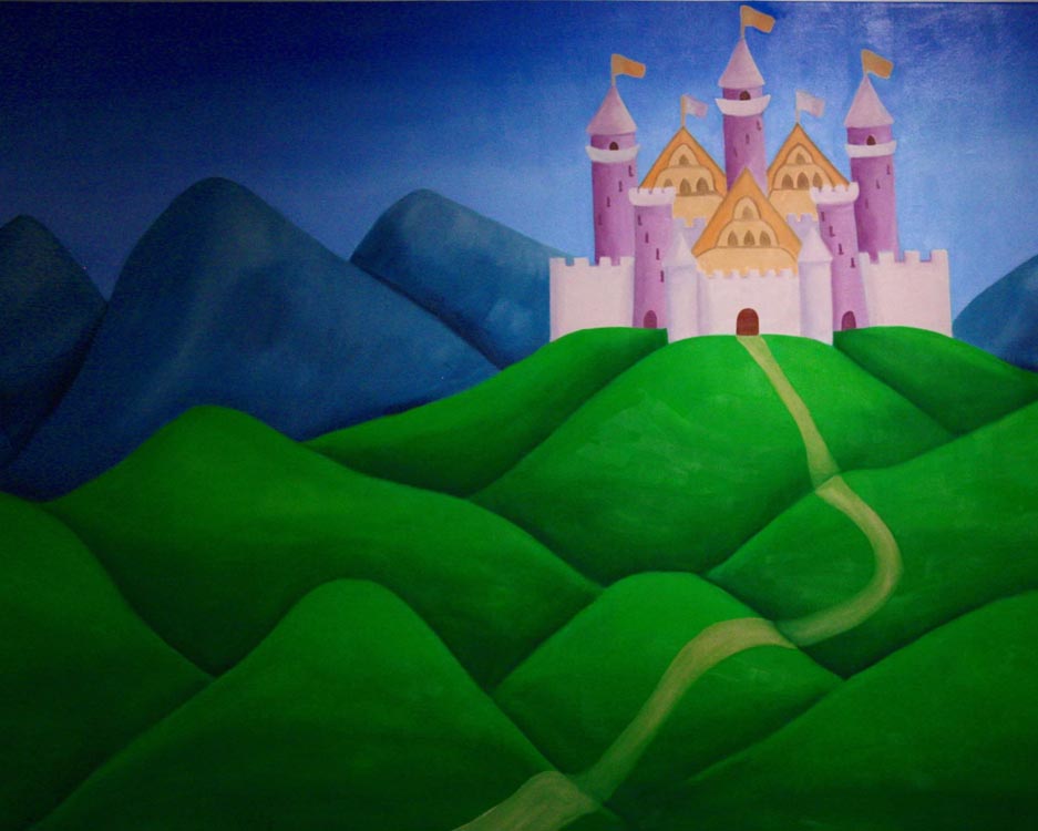 painting of fairy tale castle on rolling hills