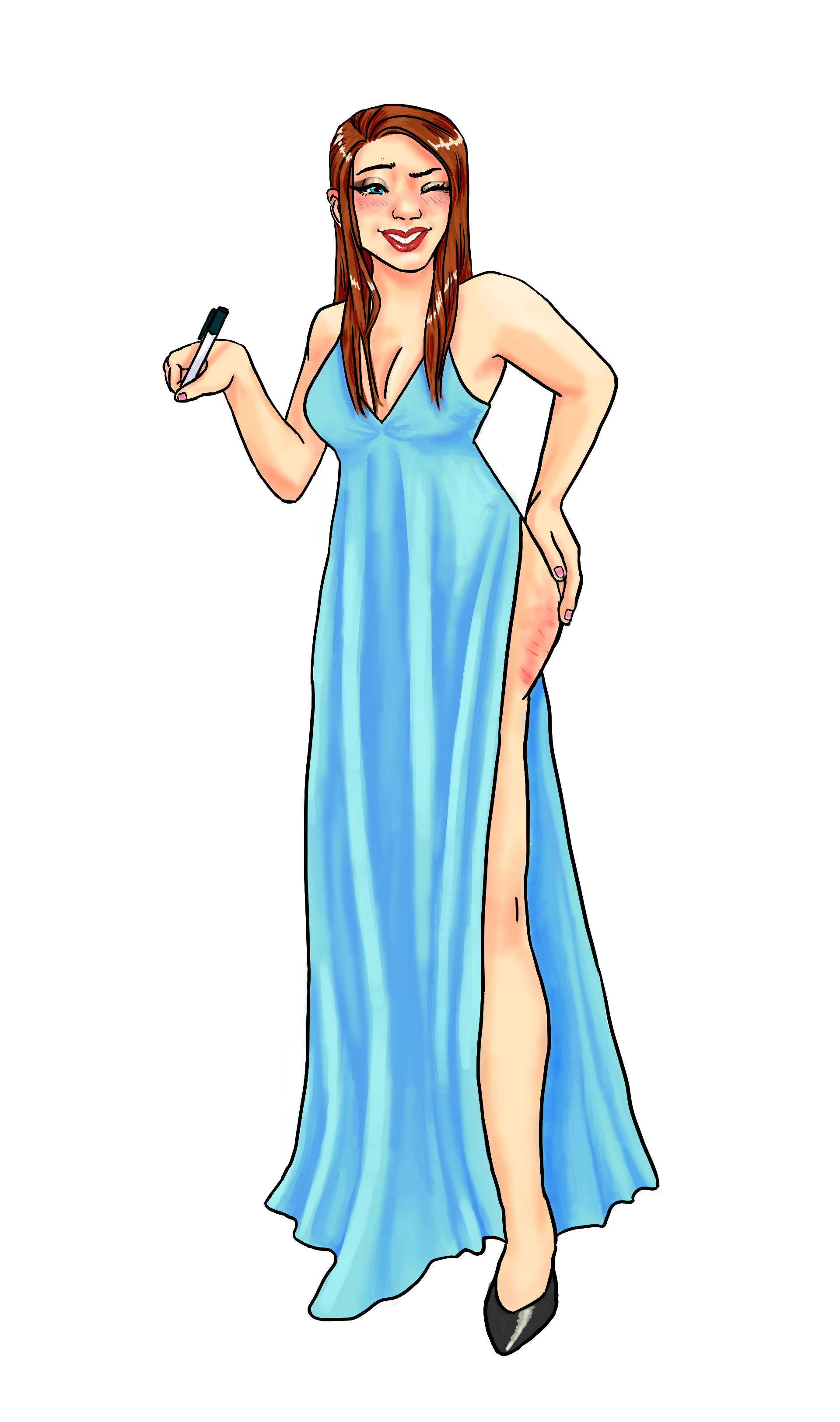 full body illustration of the muse smiling and holding a pen. she has long brown hair and a long, sleek blue dress. her dress has a high leg slit revealing a pink butt.