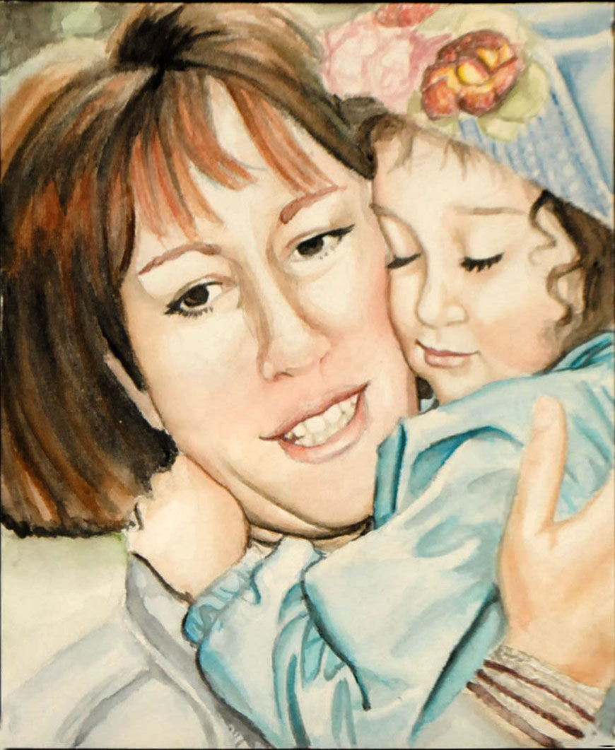 delicate watercolor portrait of woman holding toddler in floral hat to her face.