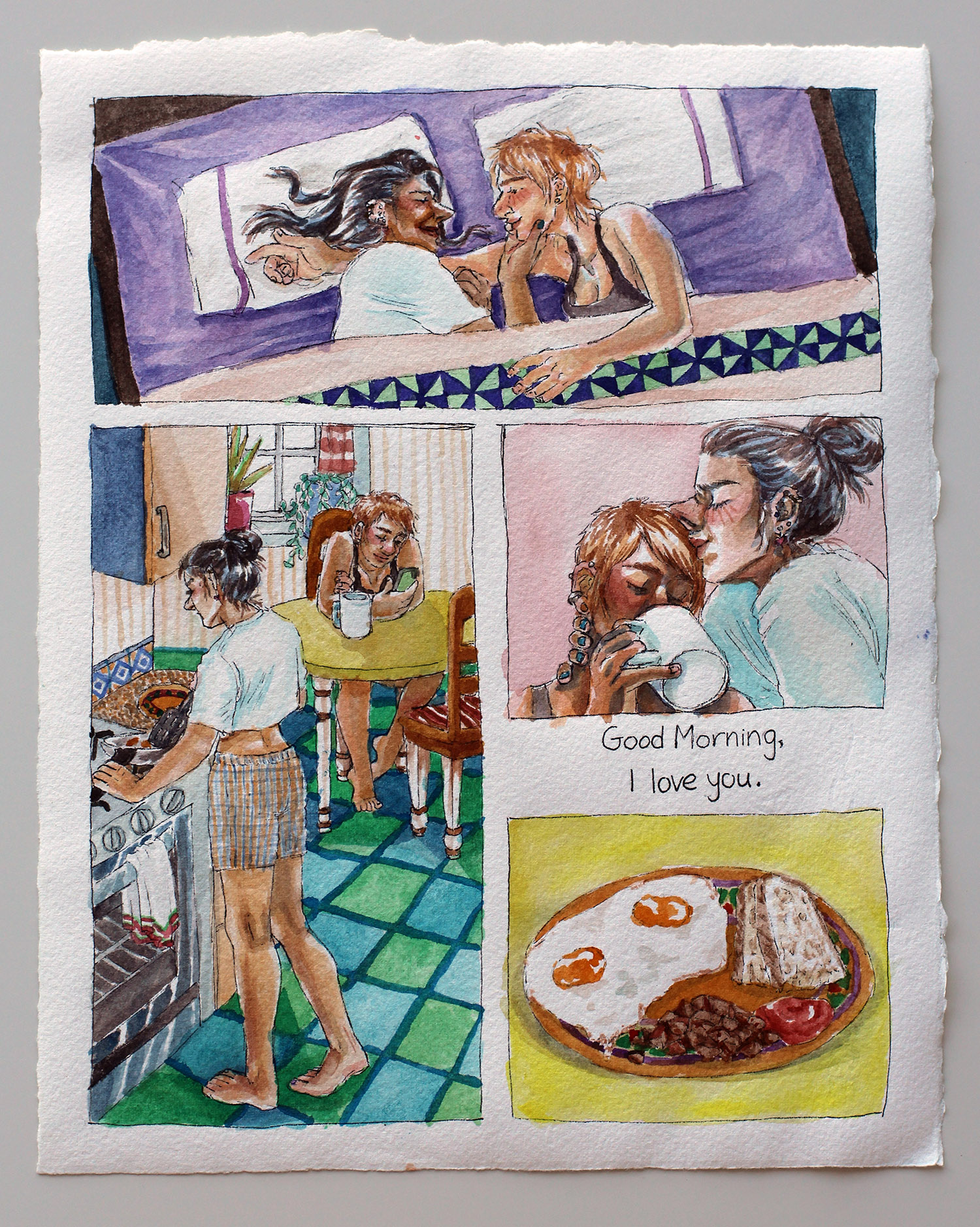 watercolor single page comic. top panel: two women in bed facing each other. left panel: woman makes breakfast while other woman sits at table. right panel, top: woman kissing other woman's forehead. right panel, bottom: plate of eggs, bread, potatoes. in between right panels, text reading 'good morning, i love you'