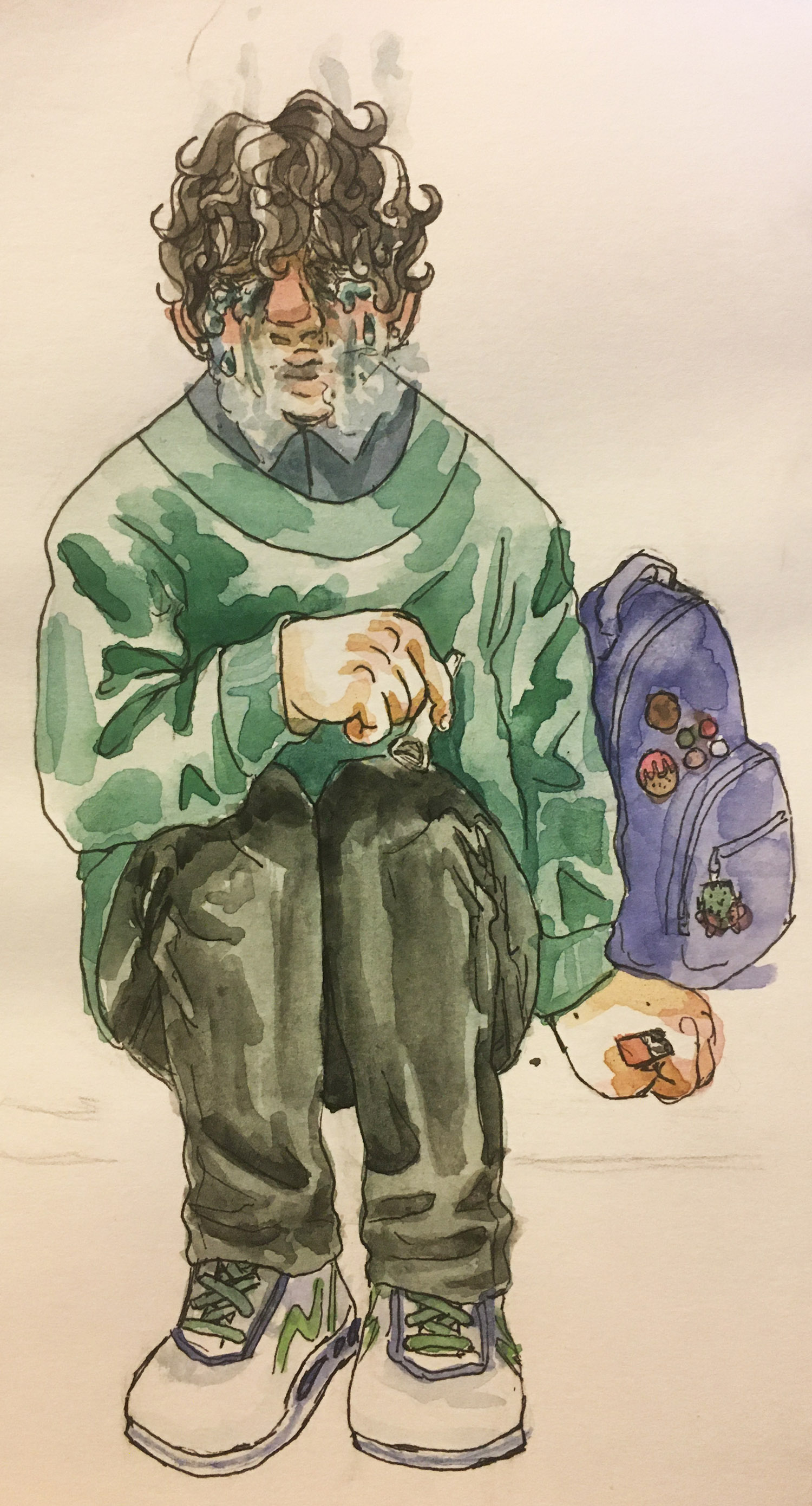 dark and curly haired figure (teddy) sitting and smoking a weed pipe while crying. they wear a green sweater, purple button down, black skinny jeans. there is a purple backpack with pins to the right.