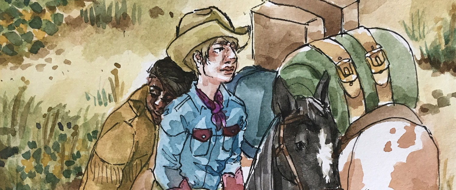 cropped close-up of two cowboys riding a horse. one leans on the back of the other, asleep.