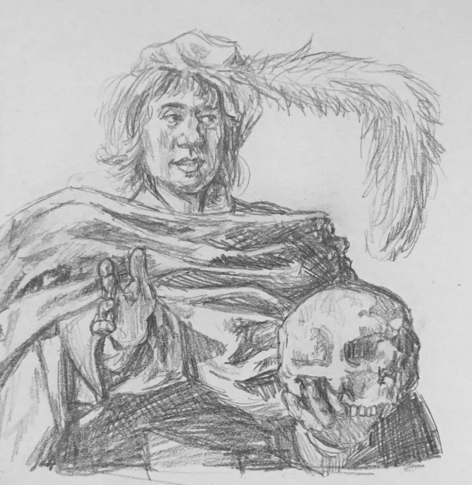 pencil sketch of boy holding a skull with one hand reaching out